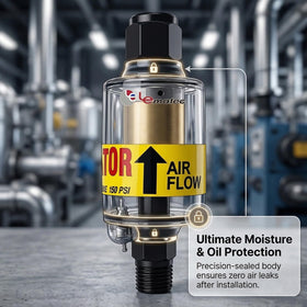 Inline water separator close-up of reusable 1-micron element removing moisture and oil.