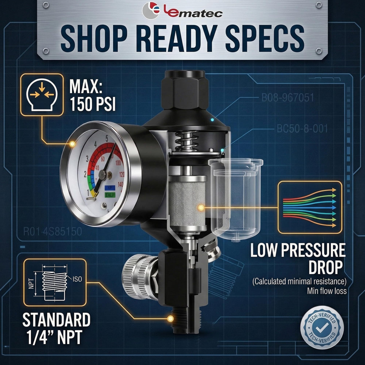 LE LEMATEC rugged regulator body stands up to daily workshop use.