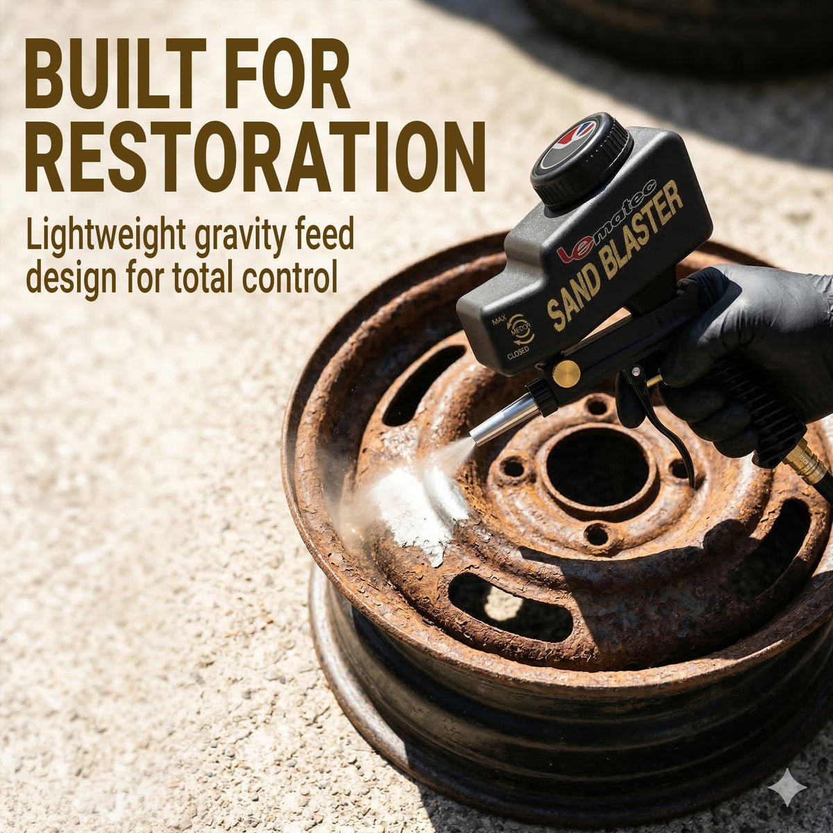 LE LEMATEC sand blaster at 90 psi delivers steady performance and efficient material use
