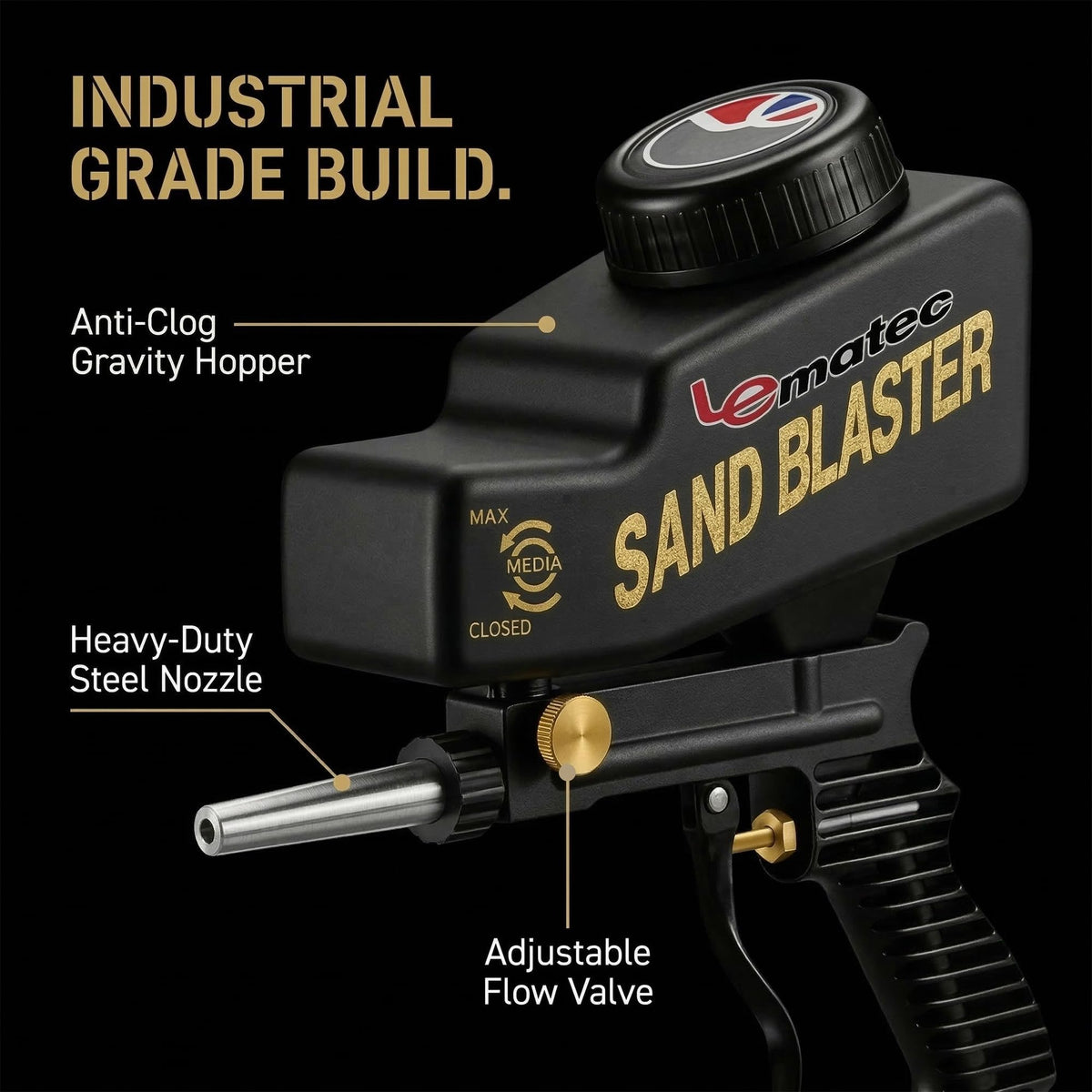 LE LEMATEC sand blaster requires dry air for smooth operation and consistent flow