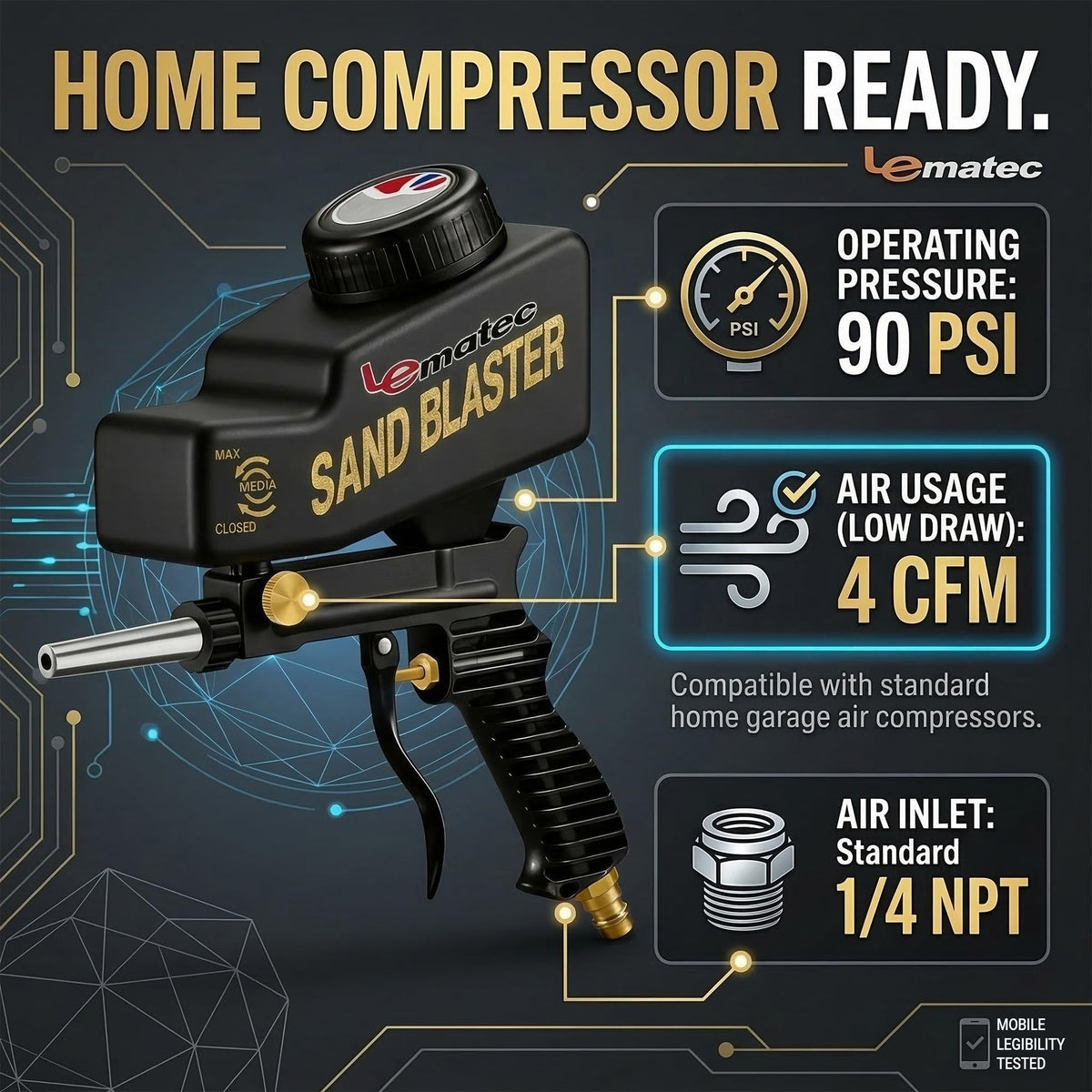 LE LEMATEC sand blaster ergonomic grip reduces hand fatigue during detail work