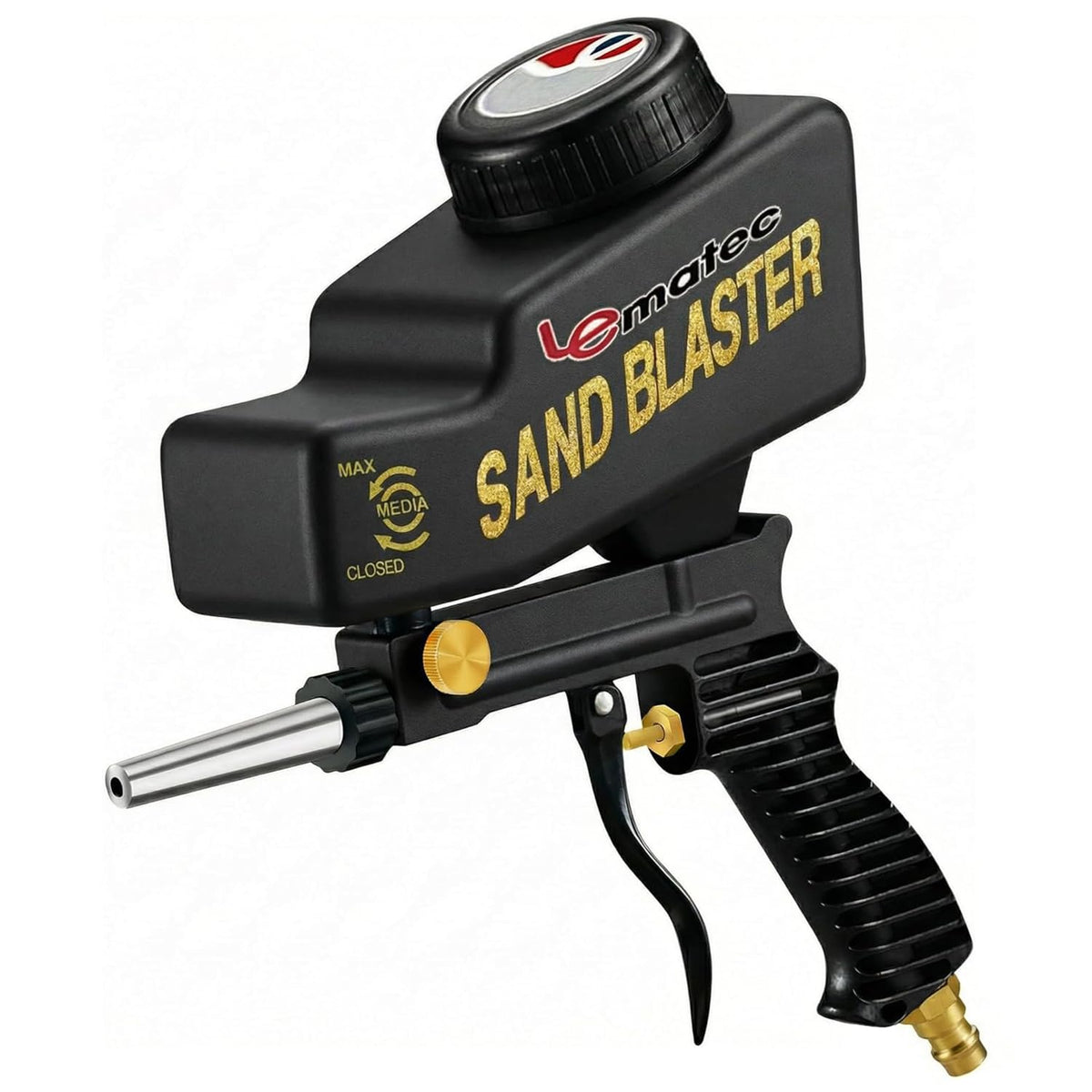 LE LEMATEC sand blaster gravity-feed assembly for precise rust removal and glass etching