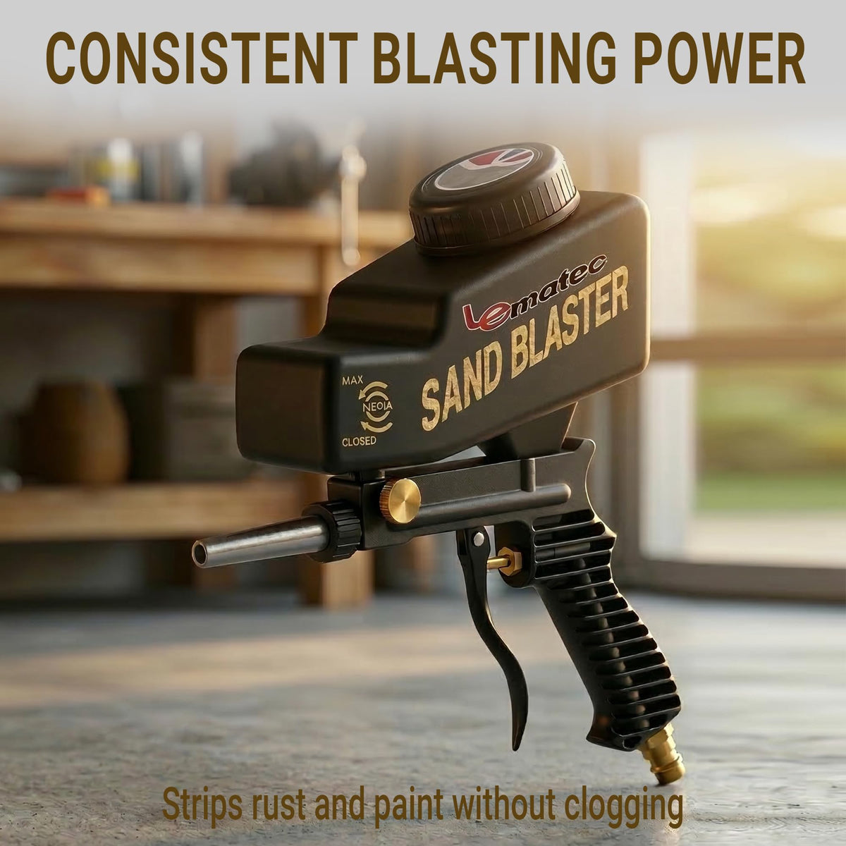 LE LEMATEC sand blaster kit usage shows controlled media flow for spot restoration
