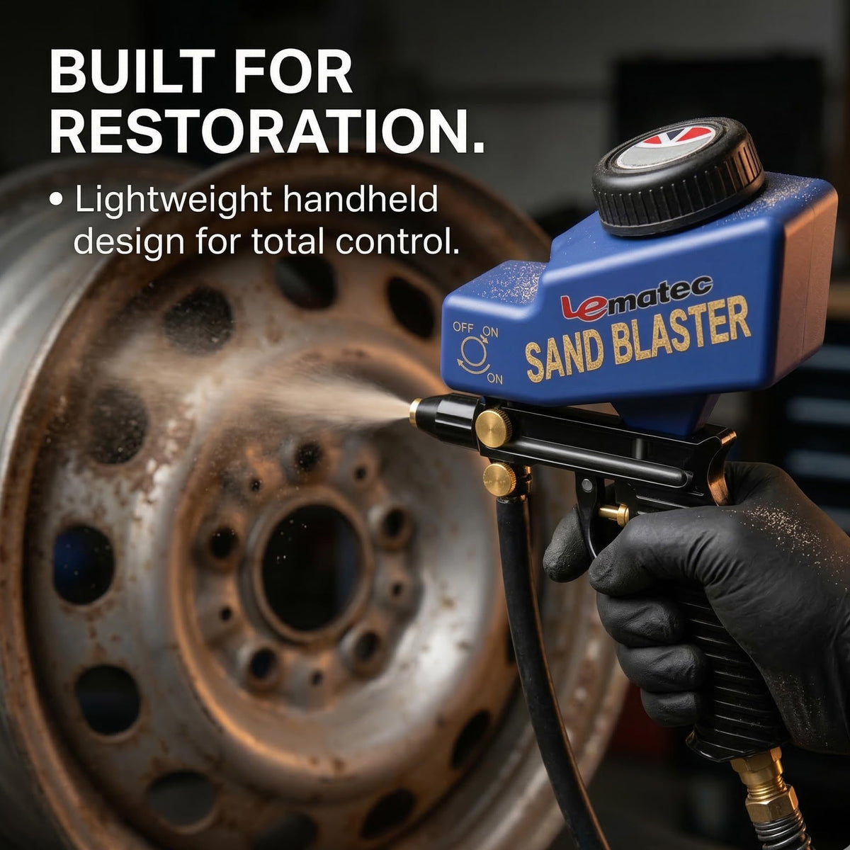 Le Lematec sand blaster siphon-feed hose in action for large areas