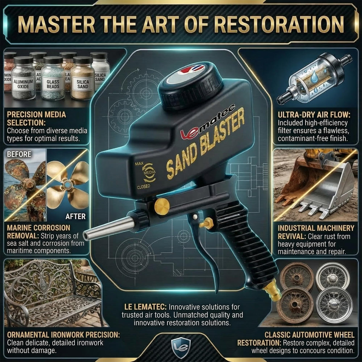 LE LEMATEC sand blaster steel-nozzle durability withstands abrasive wear