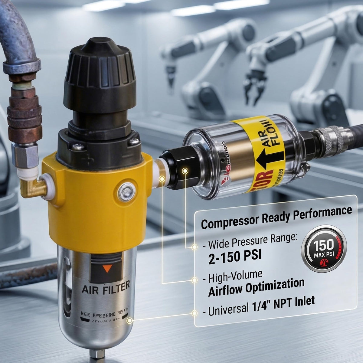Workshop scene with pneumatic tools and LE LEMATEC separator protecting equipment.