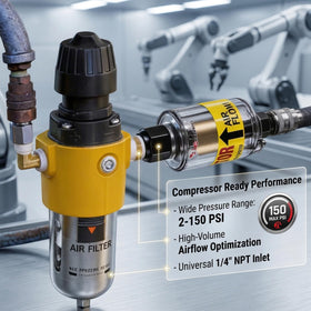 Workshop scene with pneumatic tools and LE LEMATEC separator protecting equipment.