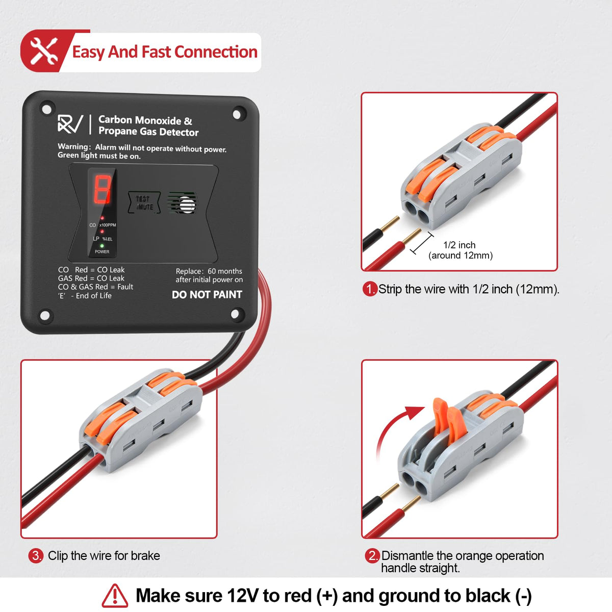 Leakbee RV CO/LP detector 12V wiring area for simple installation