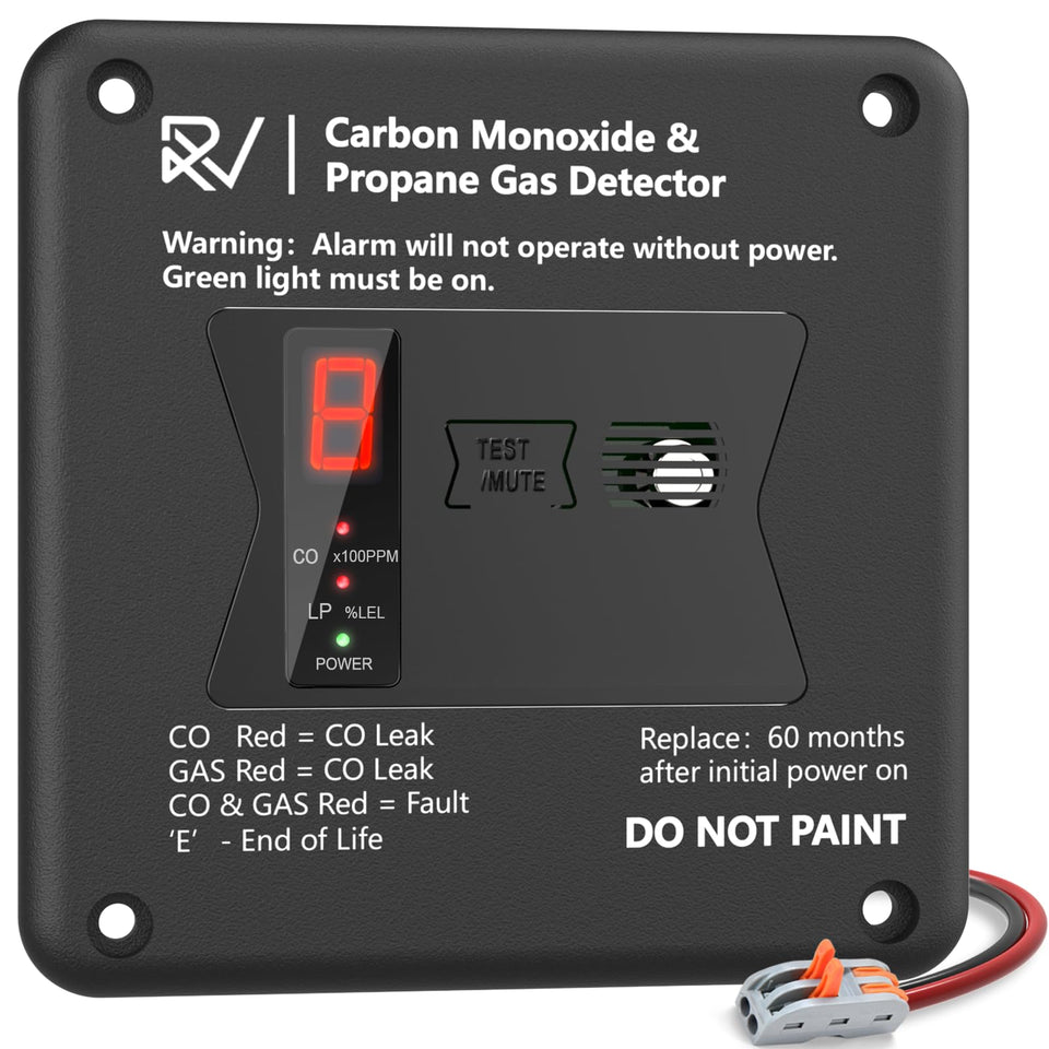 Leakbee RV CO/LP detector front view with 100dB alarm for quick warning