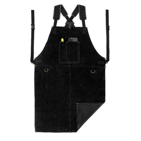 LeaSeek leather welding apron front view showing full coverage and durability.