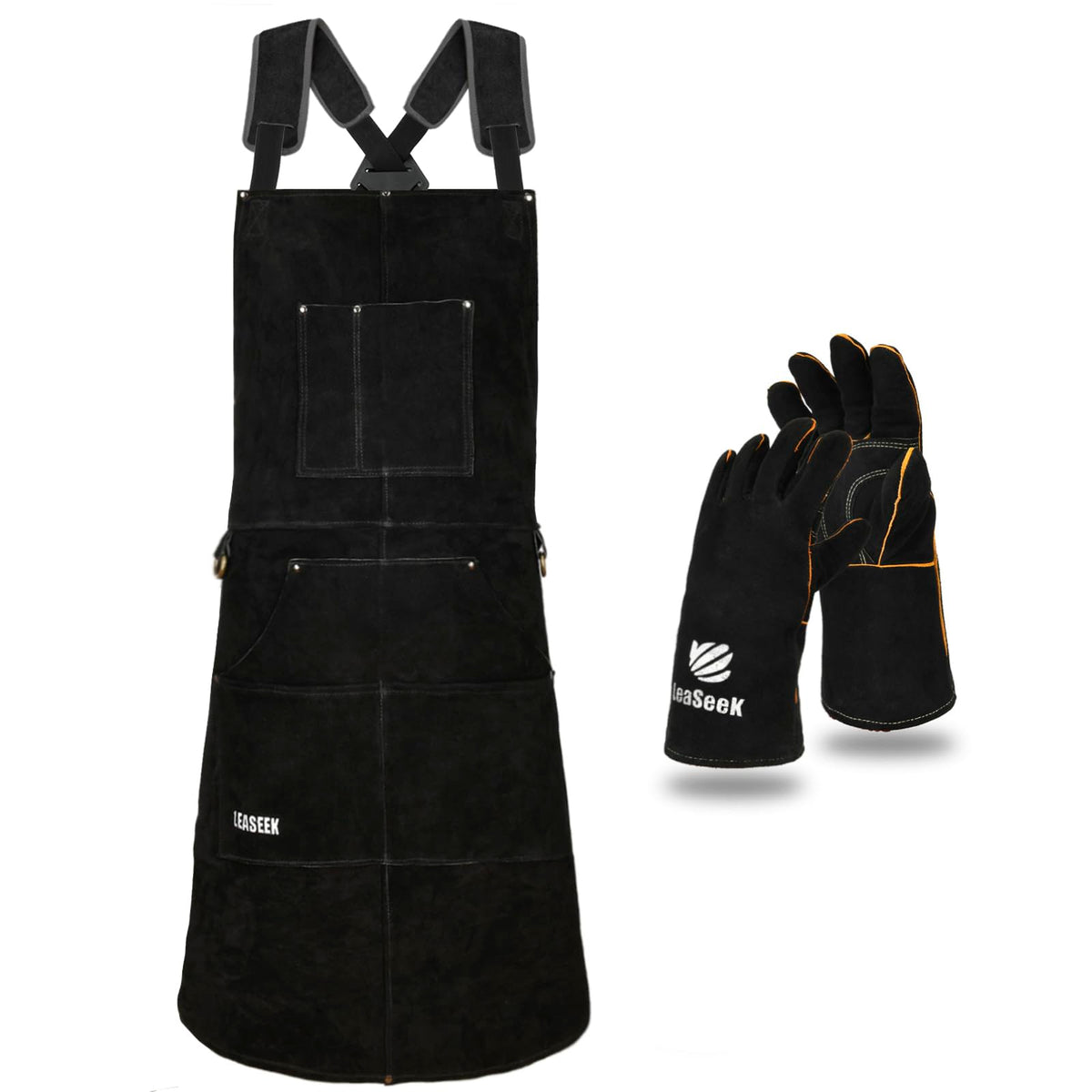 LeaSeek leather welding apron front view with six pockets for quick access.