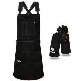 LeaSeek leather welding apron front view with six pockets for quick access.