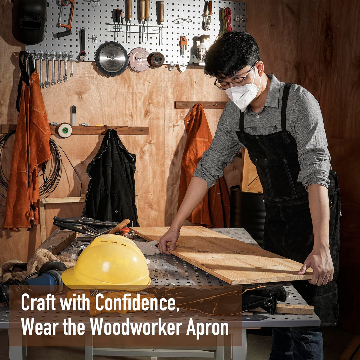LeaSeek full-coverage welding apron on a 36-inch tall panel.
