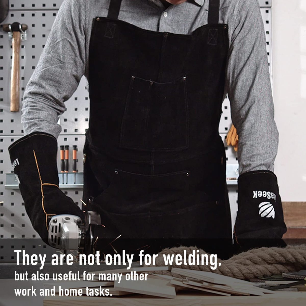 LeaSeek leather welding apron with gloves included for added protection.