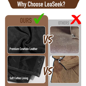 LeaSeek welding apron pocket detail with tool slots and riveted edges.