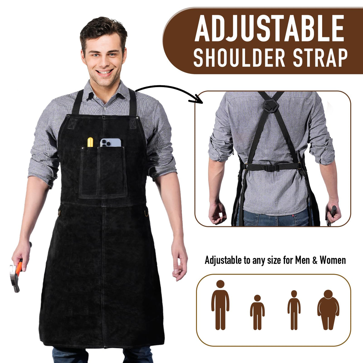 LeaSeek welding apron shoulder strap close-up showing quick-release buckle.