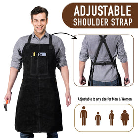 LeaSeek welding apron shoulder strap close-up showing quick-release buckle.