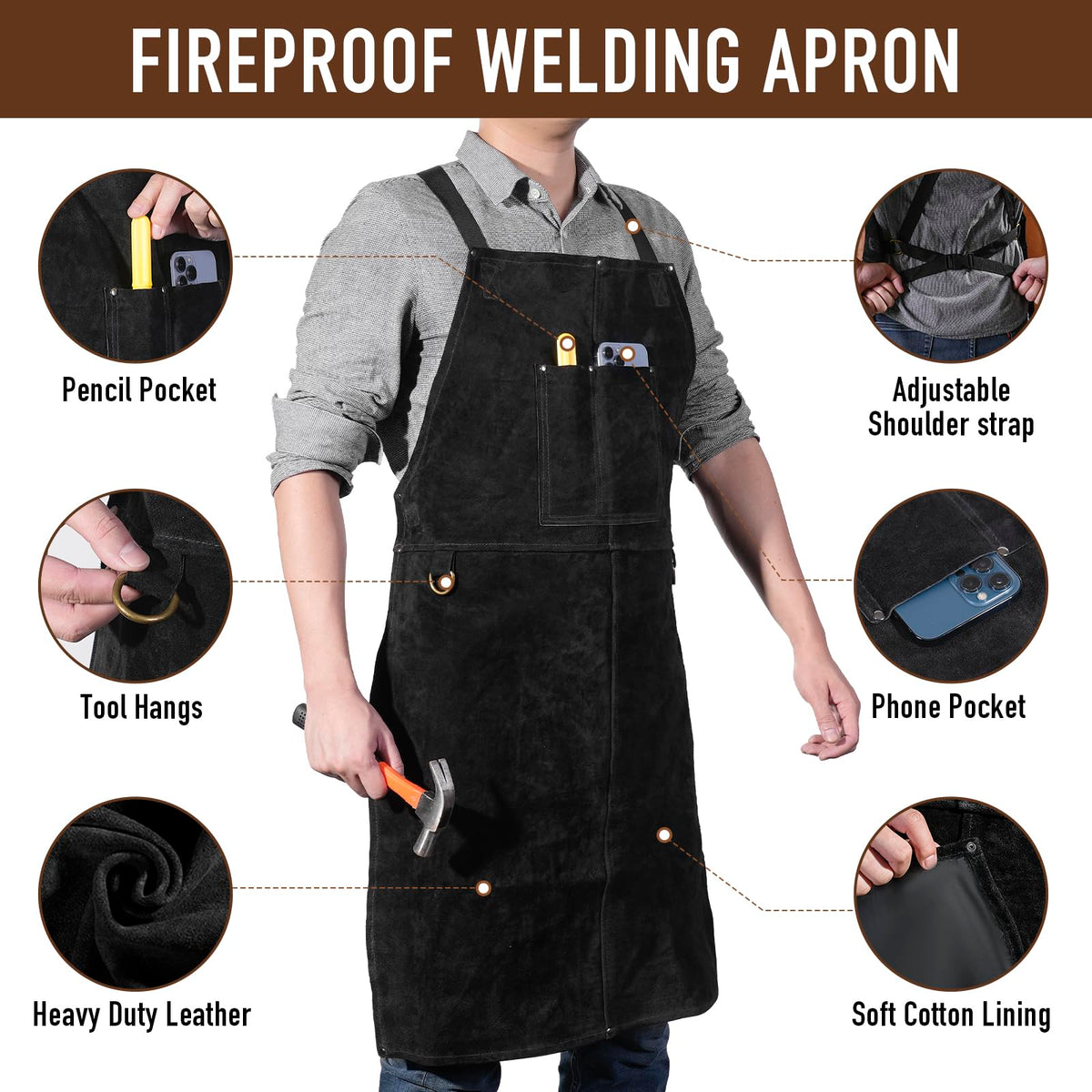 LeaSeek leather welding apron side view highlighting adjustable neck straps for comfort.