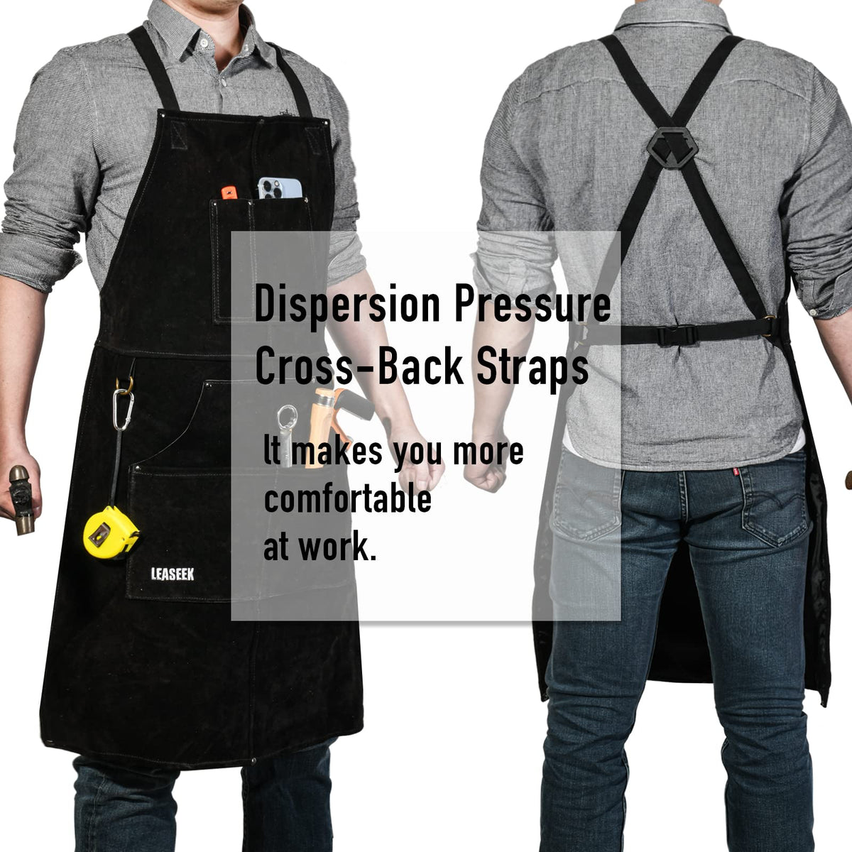 LeaSeek leather welding apron six pockets close-up showing organized workspace.