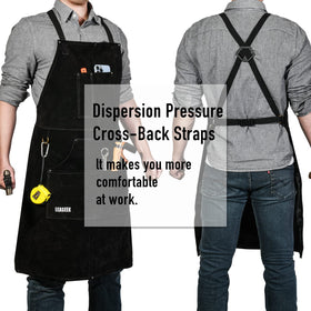 LeaSeek leather welding apron six pockets close-up showing organized workspace.