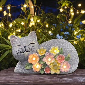 LEAESMHR Solar Cat Garden Statue with flowers adds outdoor color.