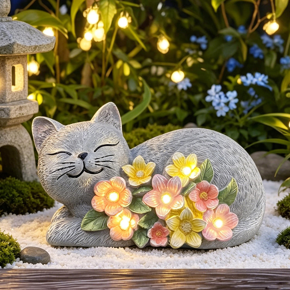 LEAESMHR Solar Cat Garden Statue full view enhances outdoor charm.