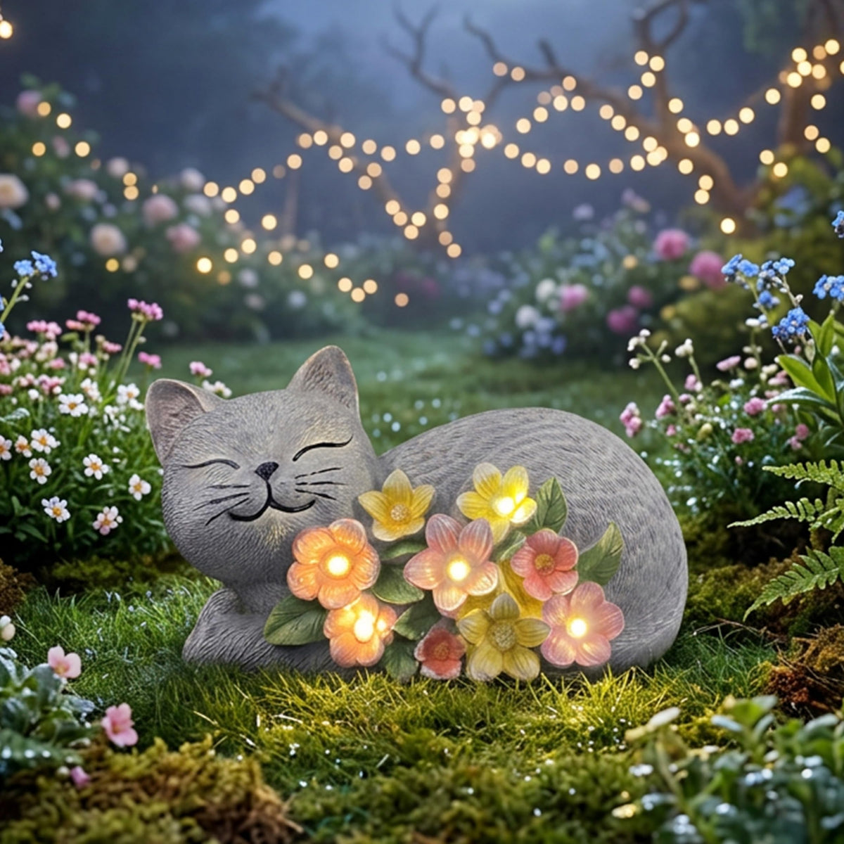 LEAESMHR Solar Cat Garden Statue outdoors offers versatile lawn decor.