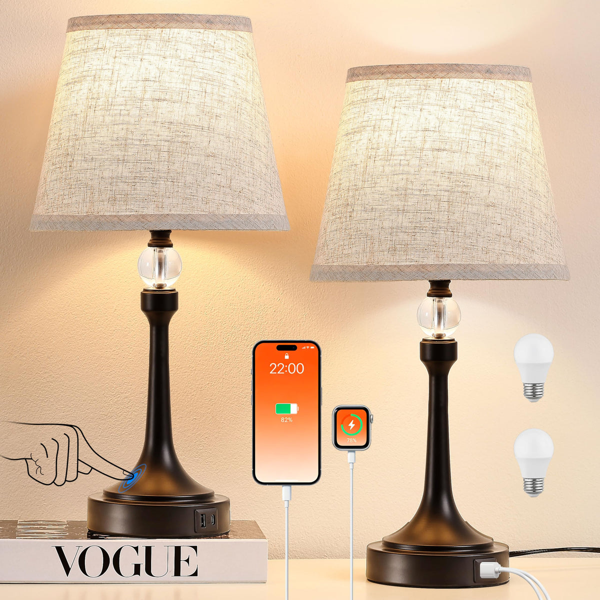 Leasgy 19-7 inch touch table lamps front view for modern living rooms
