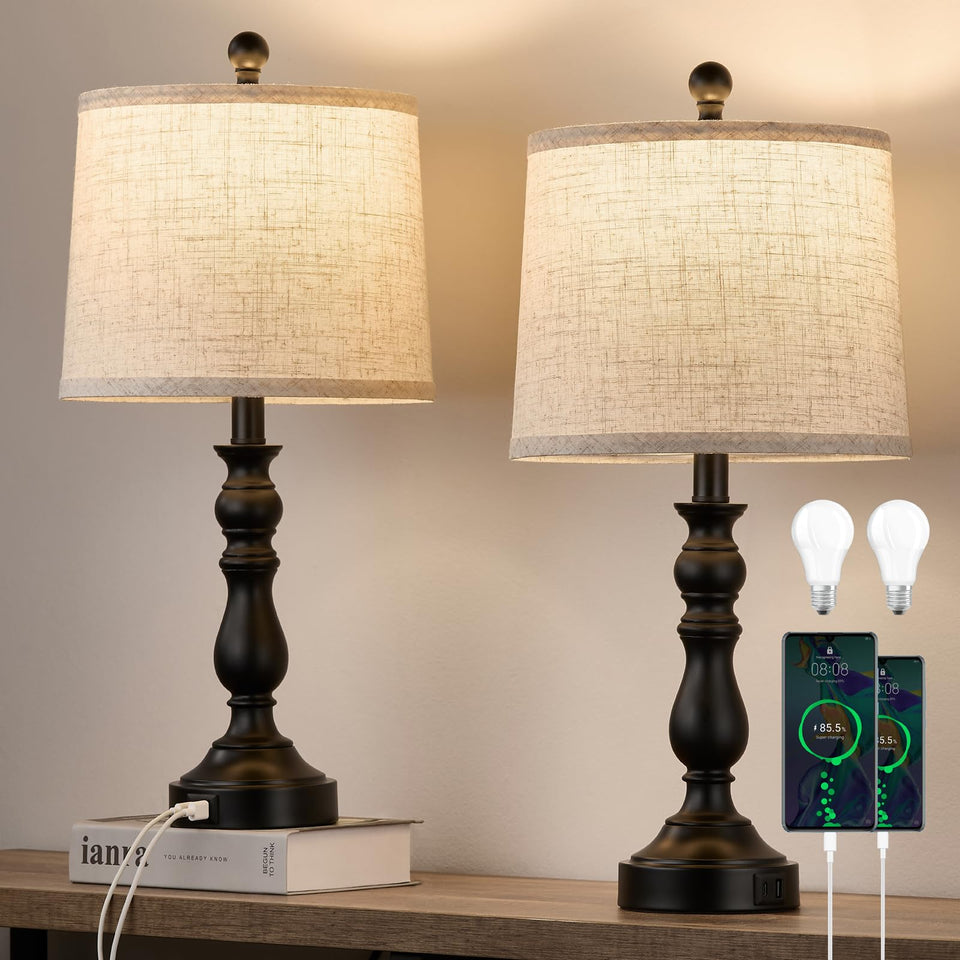Leasgy 23-inch farmhouse table lamps set 2 illuminate a living room with warm, inviting glow
