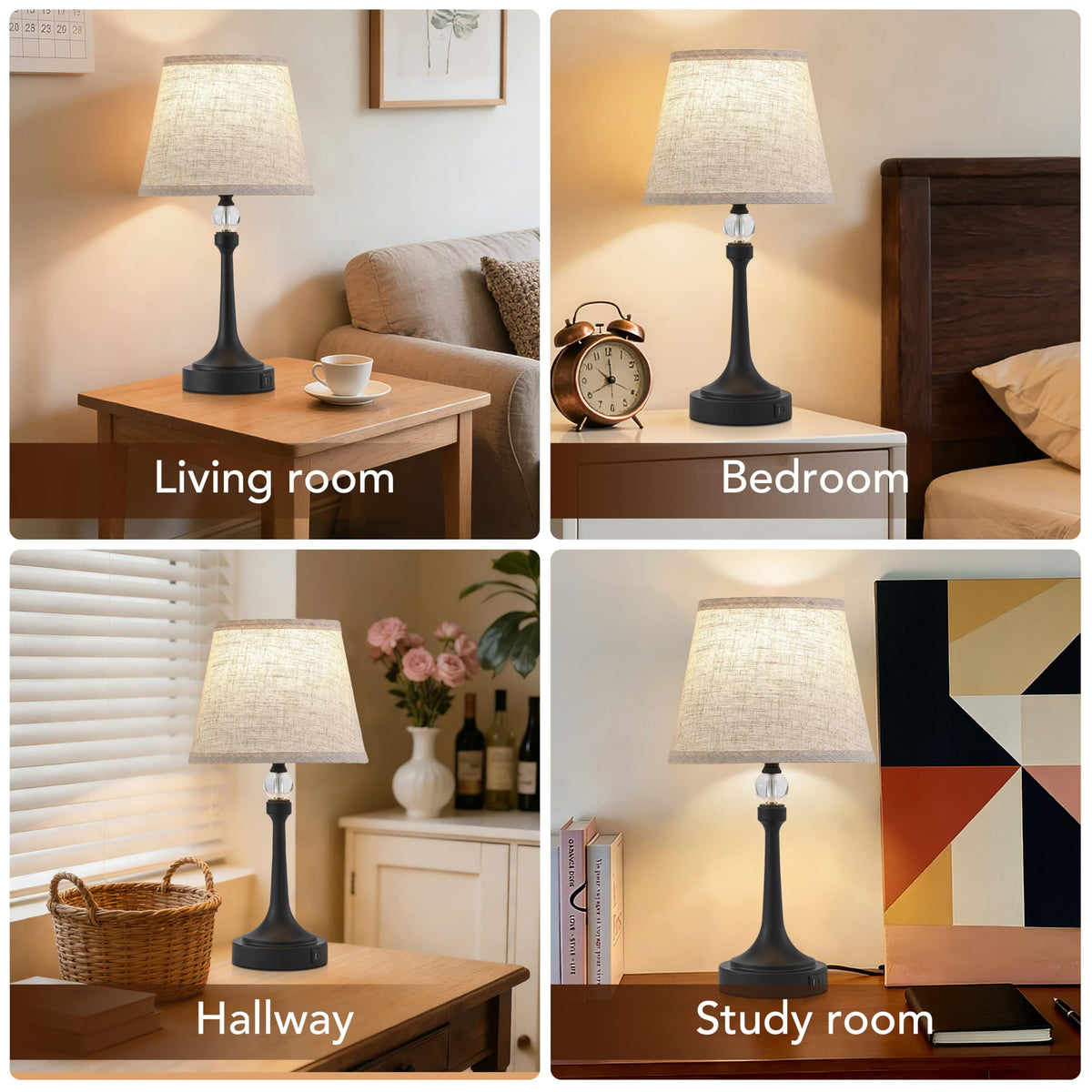 Leasgy bedside-table setting with twin lamps on display