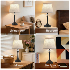 Leasgy bedside-table setting with twin lamps on display
