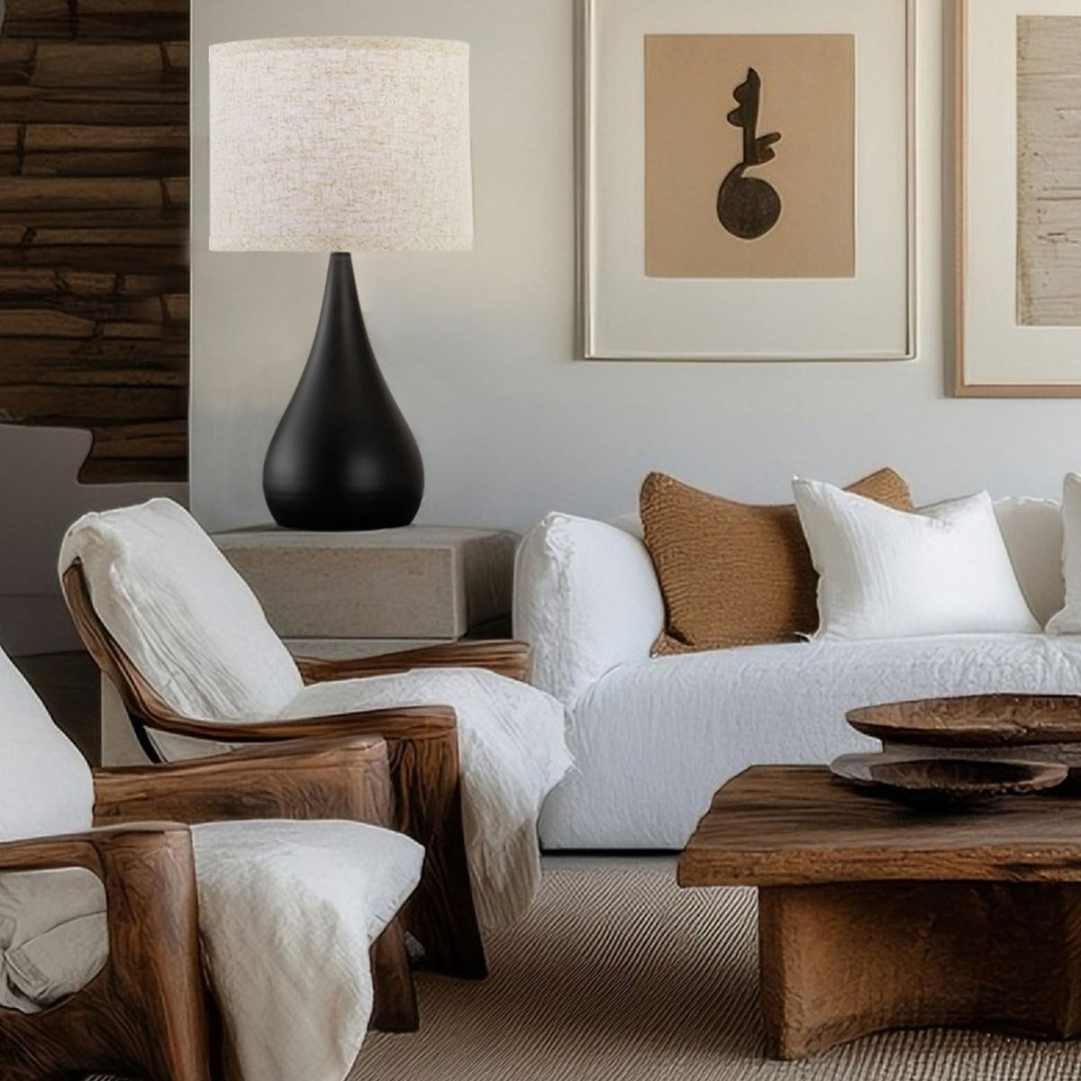 Leasgy black linen shade provides soft, diffused light and modern contrast.