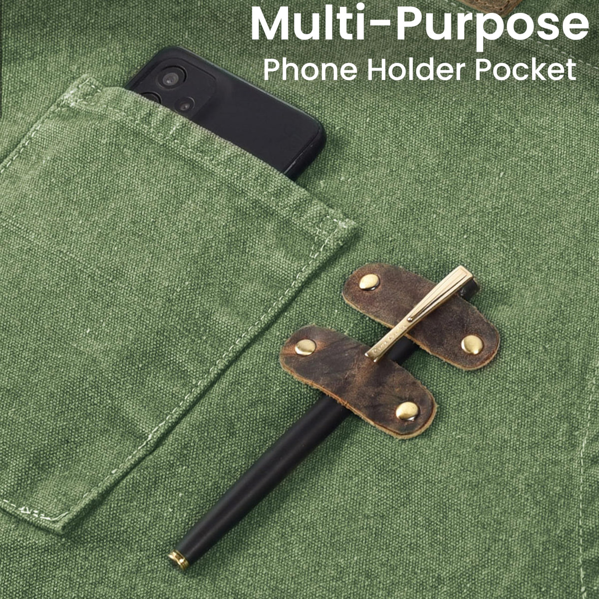 Leather Village apron with large front pouch for quick tool access.