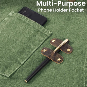 Leather Village apron with large front pouch for quick tool access.