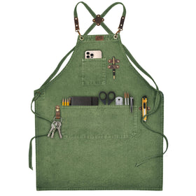 Leather Village chef apron in green with cross-back design and roomy pockets for chefs.