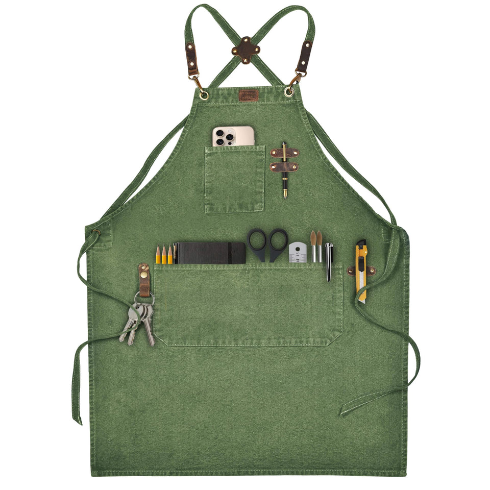 Leather Village chef apron in green with cross-back design and roomy pockets for chefs.