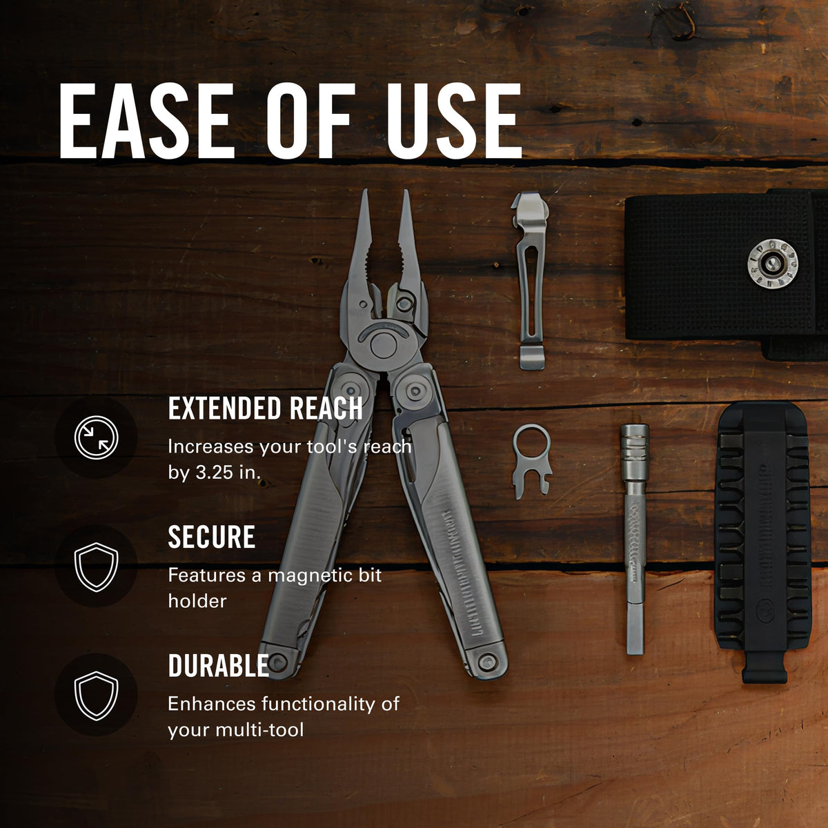 Leatherman Bit Driver Extender in stainless steel for durability.
