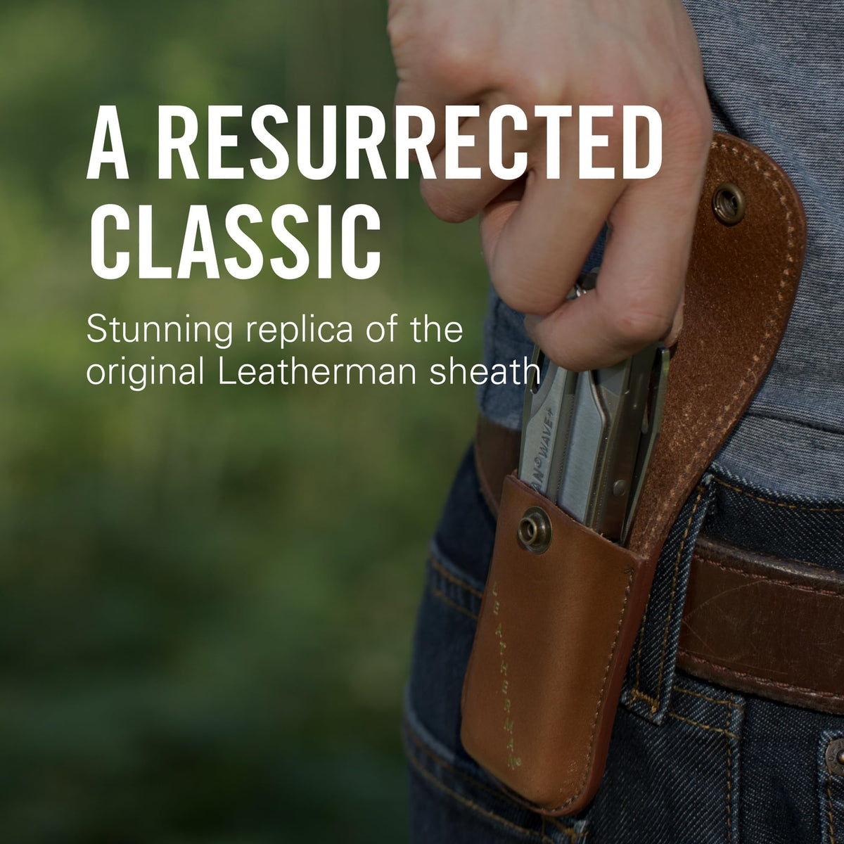 Leatherman Heritage brown leather sheath, back view, reinforced stitching for longevity.
