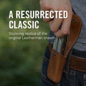 Leatherman Heritage brown leather sheath, back view, reinforced stitching for longevity.