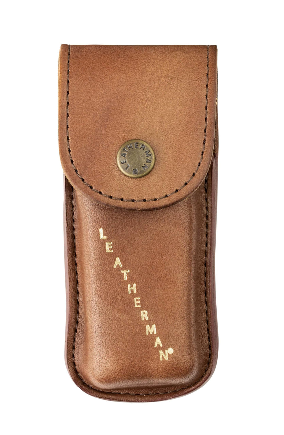Leatherman Heritage brown leather sheath, front view, secure carry for small tools.