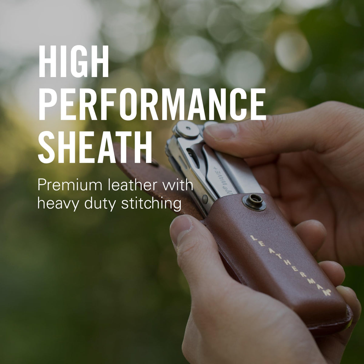 Leatherman Heritage brown leather sheath, side view, slim profile for everyday carry.