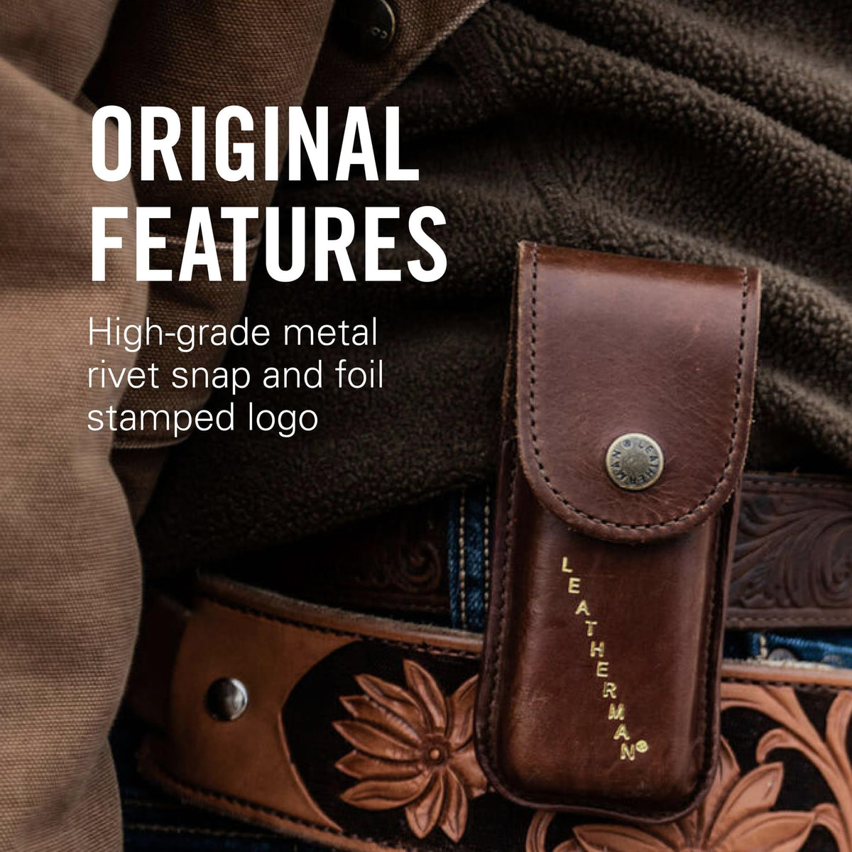 Leatherman Heritage brown leather sheath, snap closeup showing quick-release security.