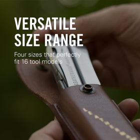 Leatherman Heritage brown leather sheath, stitch detail highlighting premium craftsmanship.
