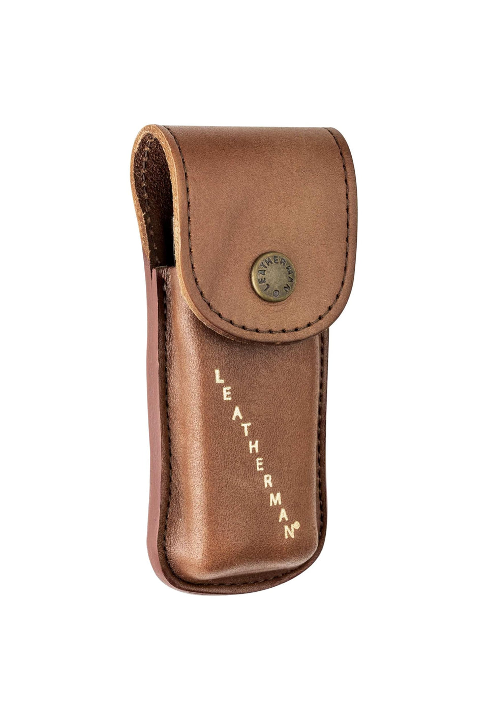 Leatherman Heritage Leather Snap Sheath in brown, front view, offering secure tool protection.