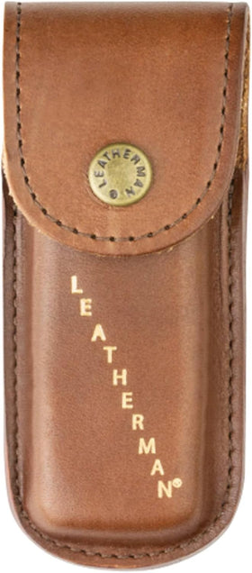 Leatherman Heritage Snap Sheath front view in brown leather, durable protection