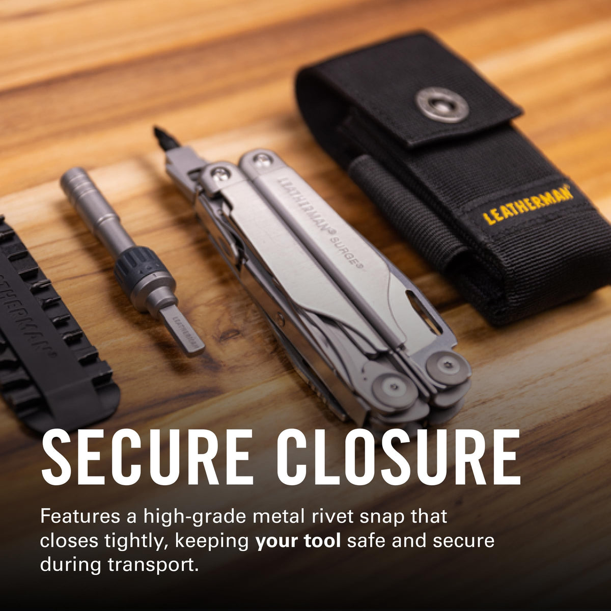 Leatherman premium nylon snap sheath rivet snap closure in action