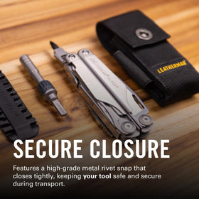 Leatherman premium nylon snap sheath rivet snap closure in action