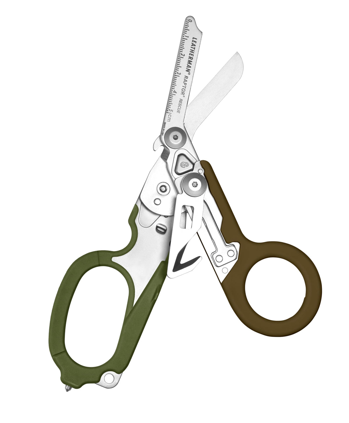 Leatherman Raptor Rescue 6-in-1 heavy-duty emergency shears with carbide glass breaker for rapid access.