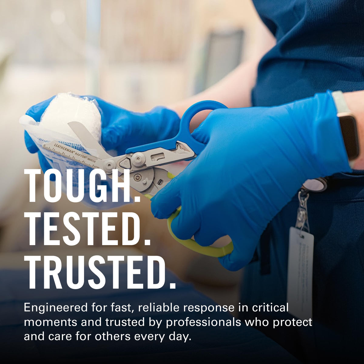 Blue and yellow grip on Leatherman Raptor Rescue for visible, ergonomic handling.