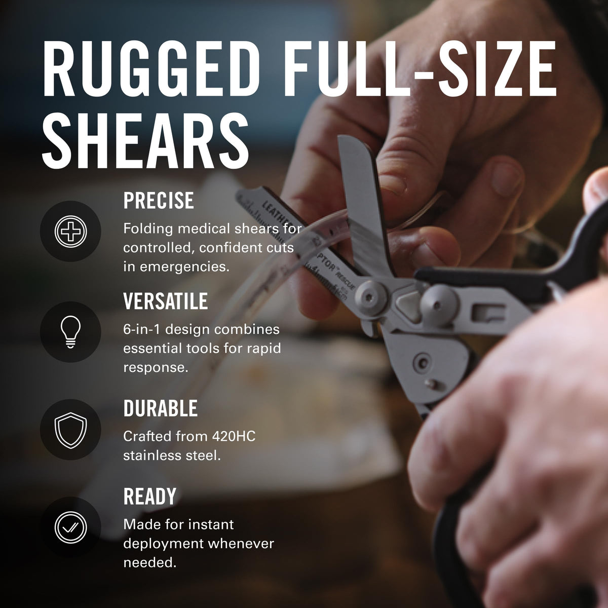 Ring cutter on Leatherman Raptor Rescue for versatile material access.